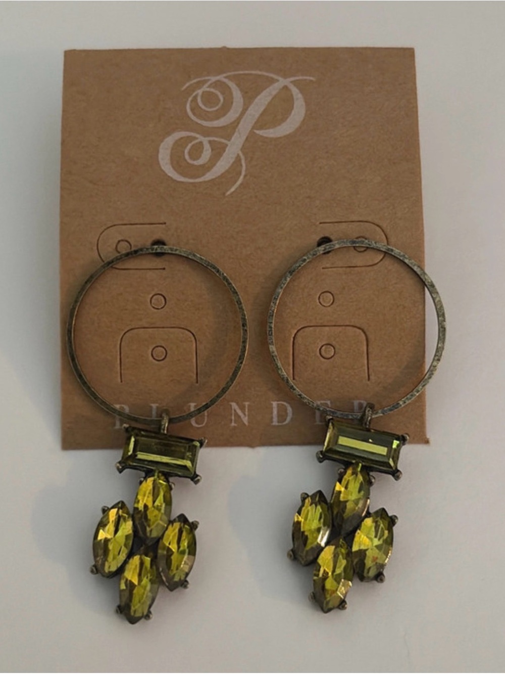 Antique Finish Drop Hoop Earrings Green Rhinestone Boho Vibe Great to Bundle!
